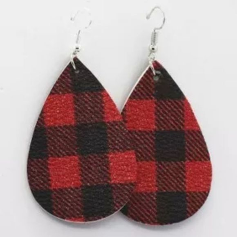 Buffalo Check‎ Red Black Faux Leather Earrings